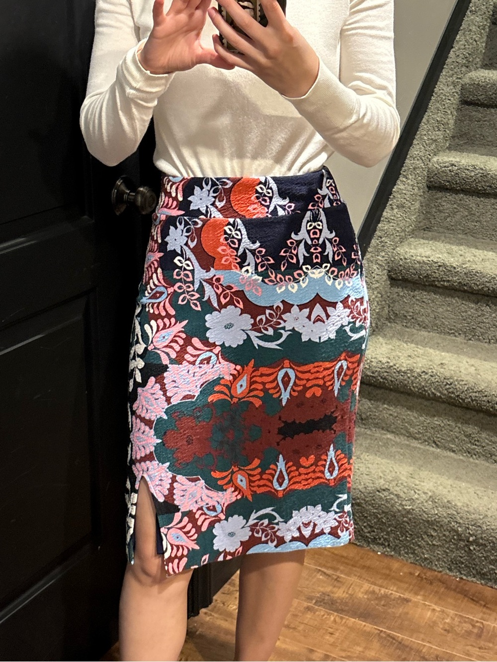Maeve Navy, Green, Red & Pink Patterned Midi Skirt with Side Slit
